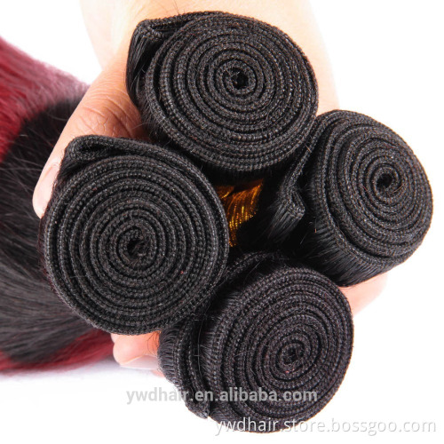 Cheap Malaysia ombre human hair 10-26inch 7a colored red hair weave 1B/burgundy two tone ombre remy hair weaving paypal accept